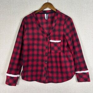 Jaclyn Intimates Pajama Top Womens Large Red Black Plaid Sherpa Trim Sleep Shirt
